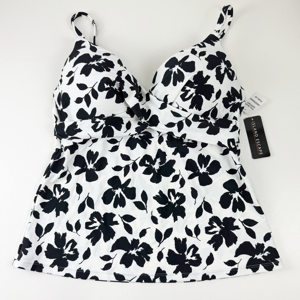 Island Escape Tankini Bikini Top Womens 14 Black White Floral Underwire NWT